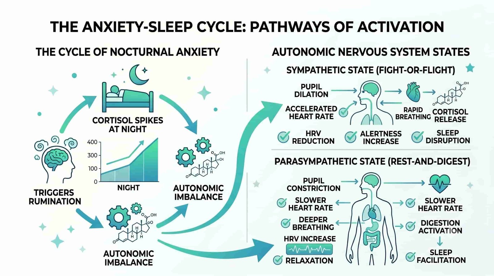 Anxiety-sleep cycle infographic: cortisol spikes at night triggering rumination loop, sympathetic vs parasympathetic states, fight-or-flight vs rest-and-digest nervous system comparison, blue-green minimalist