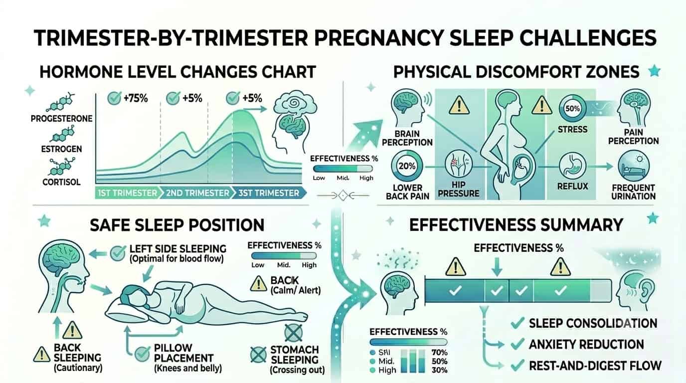 Pregnancy insomnia solutions: safe sleep strategies for expecting mothers 2 Trimester-by-trimester sleep changes infographic: hormone level chart across pregnancy, physical discomfort zones by stage, safe sleep position diagram for each trimester
