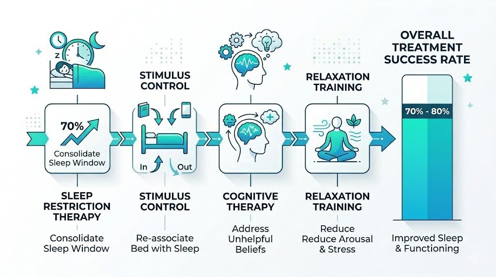 Professional Treatment for Insomnia 8 CBT-I treatment components flowchart showing sleep restriction, stimulus control, cognitive restructuring, relaxation training with 70-80% success rate indicators