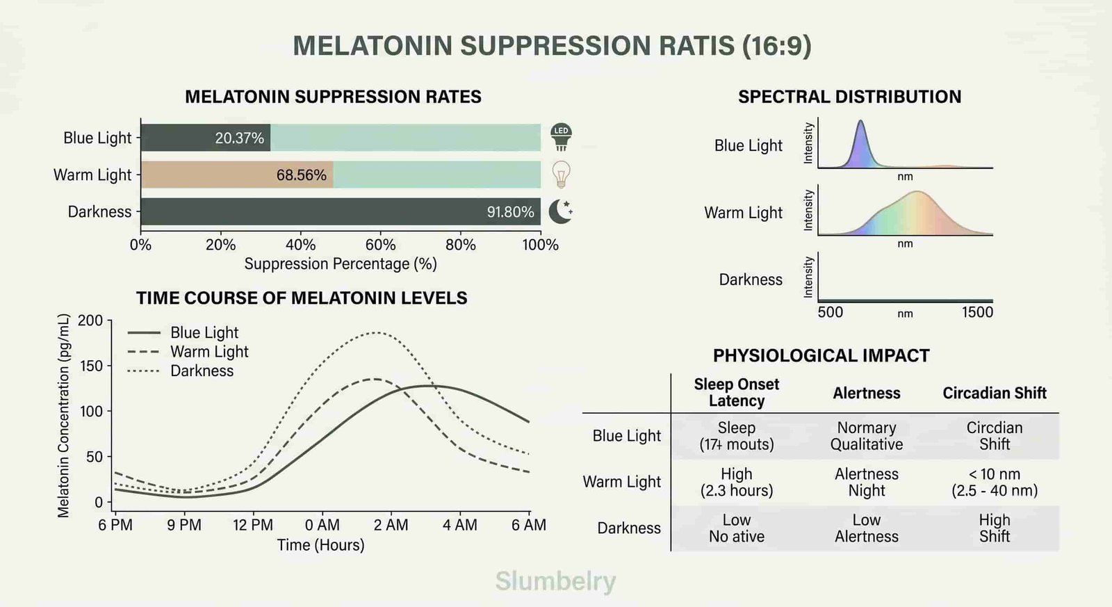 Melatonin suppression curve showing blue light impact versus other wavelengths