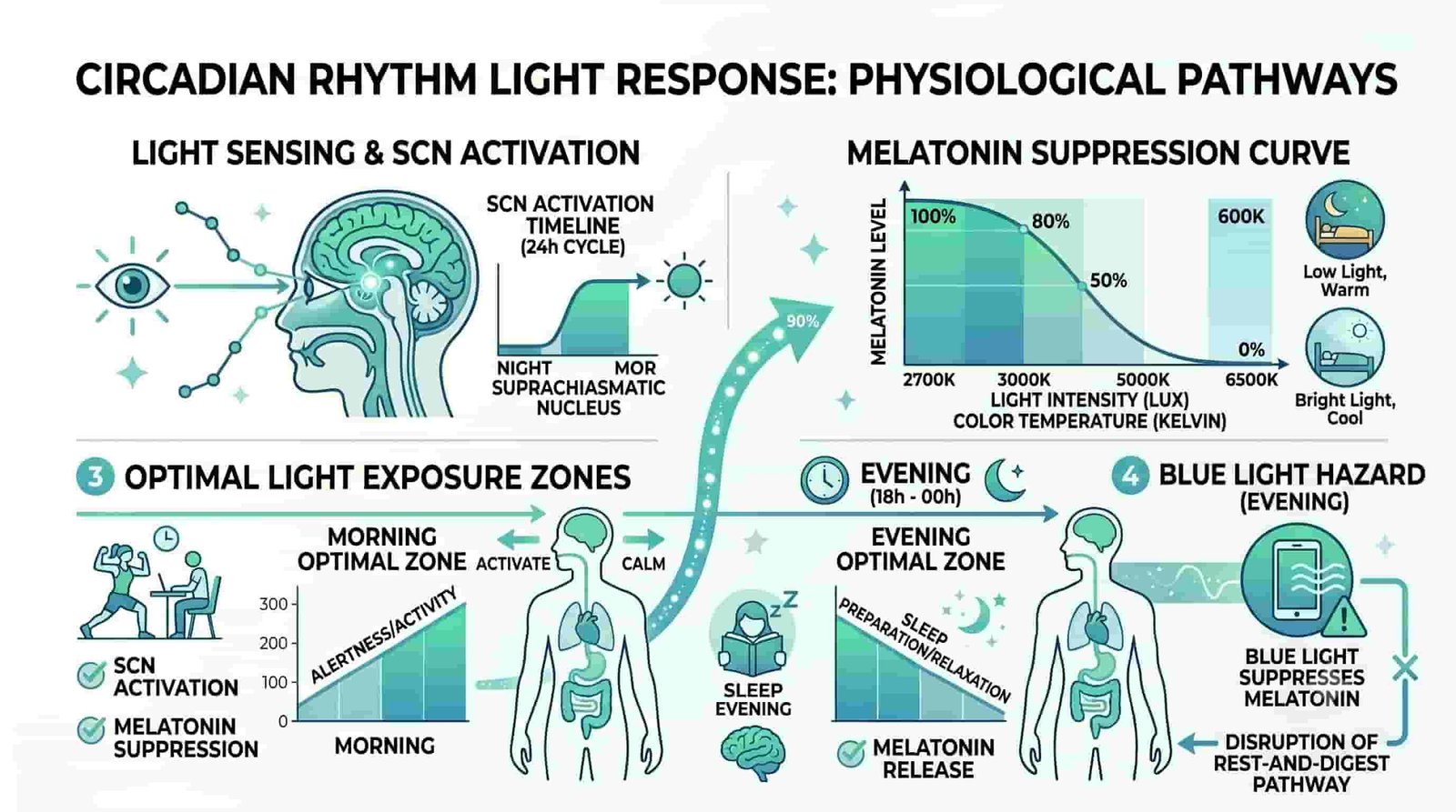 Melatonin suppression dose-response curve infographic: lux levels at 460nm blue wavelength causing measurable suppression, circadian rhythm light response timeline, SCN activation zones