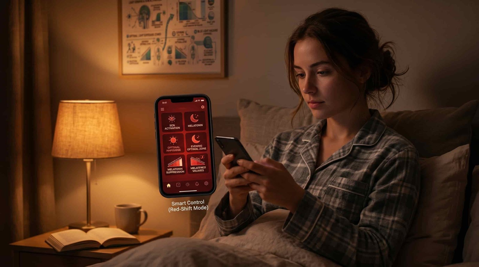 Person using smartphone app to control bedroom smart lights at night, warm amber glow from bedside lamp visible, red-shift mode screen shown, cozy evening bedroom atmosphere