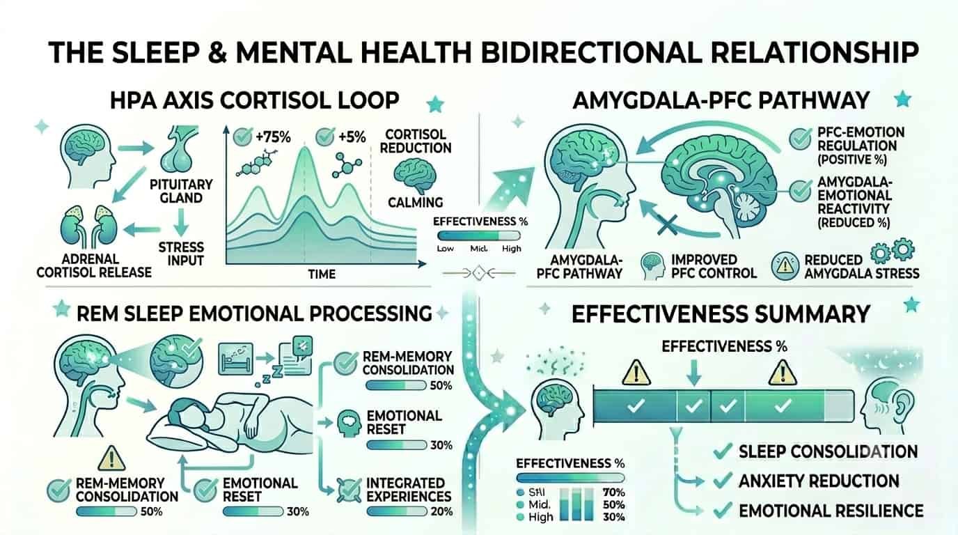 Sleep and Mental Health: How They Affect Each Other & How to Improve Mental Well-being Through Better Sleep 8 Bidirectional sleep mental health diagram: HPA axis cortisol loop, amygdala prefrontal cortex pathway, glymphatic clearance system, REM sleep emotional processing stages
