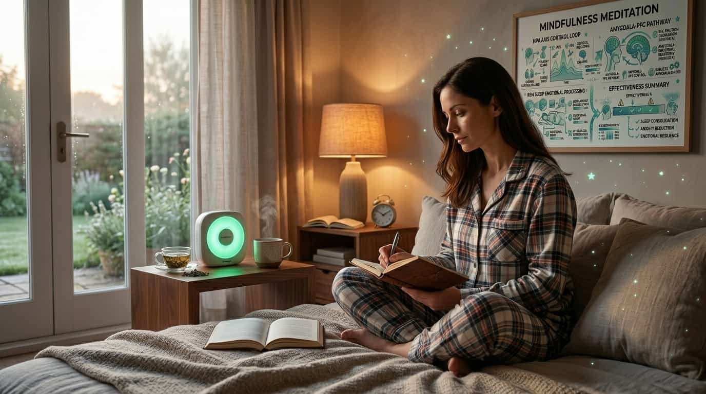 Sleep and Mental Health: How They Affect Each Other & How to Improve Mental Well-being Through Better Sleep 9 Person journaling or meditating in a peaceful morning setting with soft natural light, relaxed and contemplative mood, cup of tea nearby, calm and clear expression