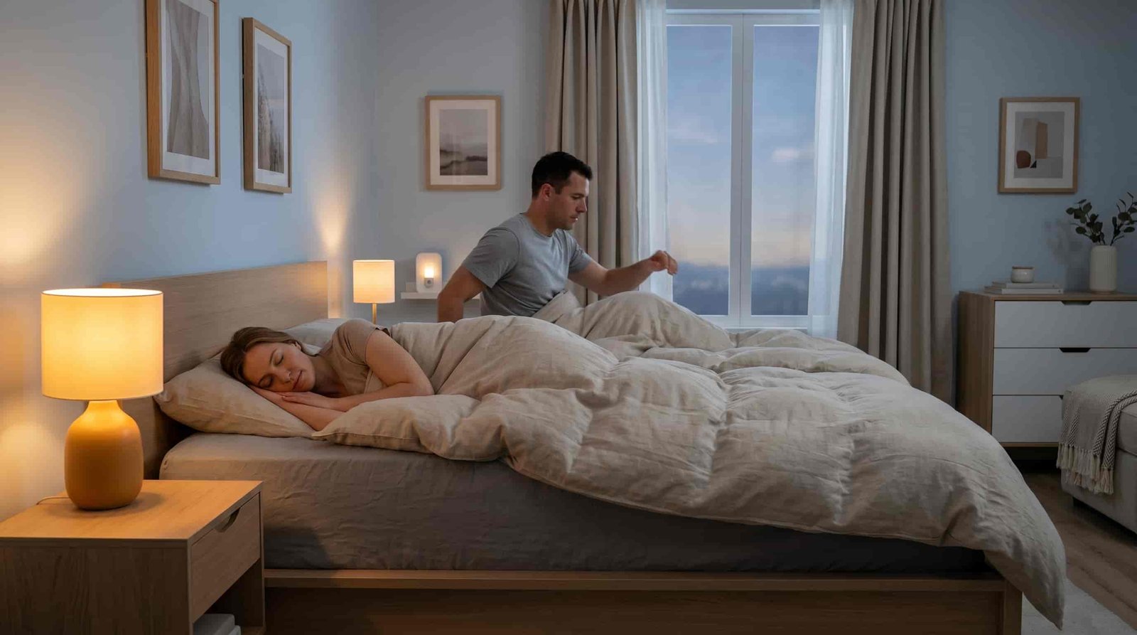 Couple cuddling peacefully in bed after intimacy, warm ambient bedroom lighting, relaxed and content expressions, feeling safe and connected, genuine warmth, no screens visible