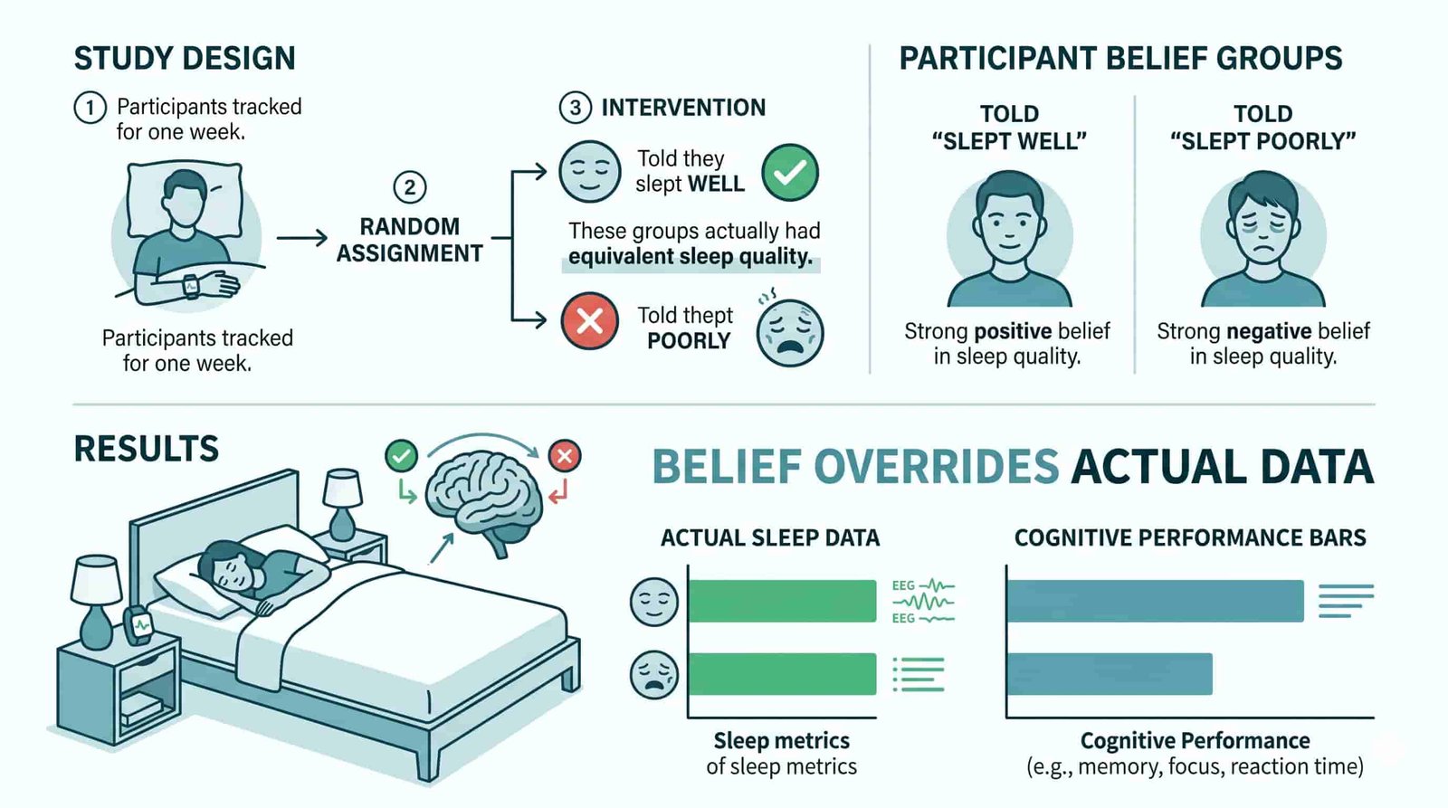 The New Definition of 'A Good Night's Sleep': Stop Stressing the Numbers 2 Nocebo effect in sleep study infographic: two groups with identical sleep, one told they slept poorly showing cognitive decline, one told they slept well showing cognitive improvement