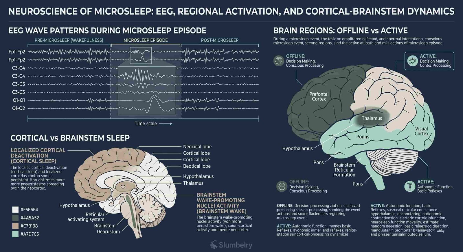The Hidden Killer (Worse Than Drunk Driving?) 2 Scientific neuroscience diagram showing microsleep: EEG wave patterns during microsleep episode, brain regions going offline vs staying active, cortical vs brainstem sleep state dissociation