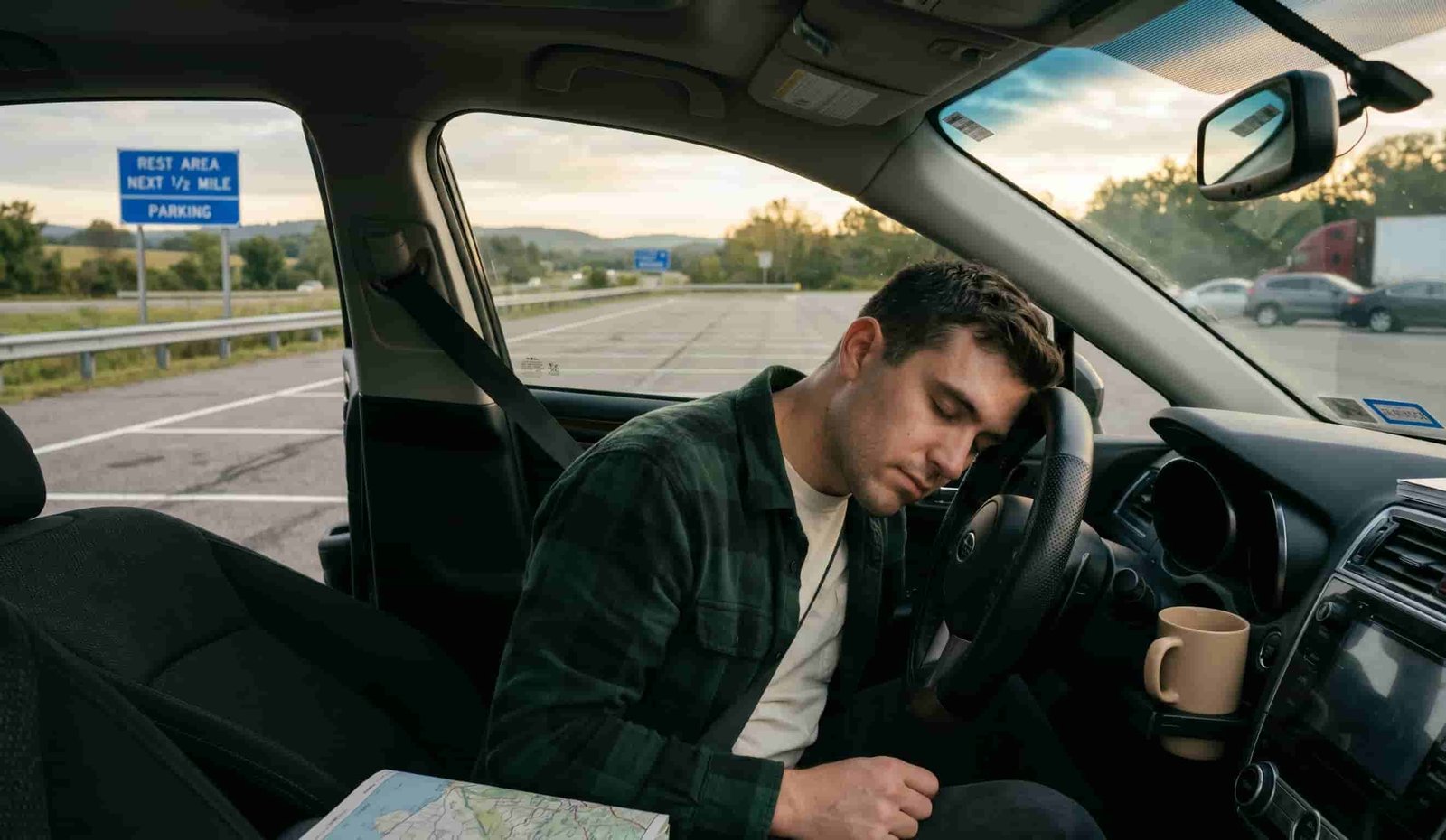The Hidden Killer (Worse Than Drunk Driving?) 3 Driver pulled over safely at highway rest stop, sleeping with head resting on steering wheel, early morning light, car parked properly