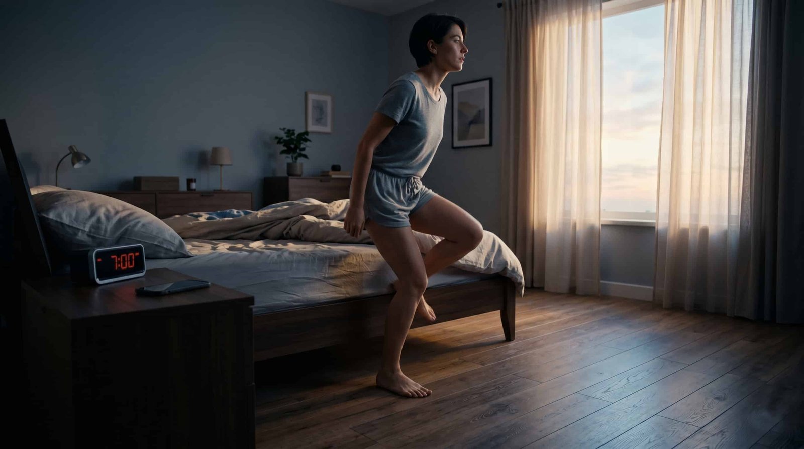 Why Those "9 More Minutes" Are Ruining Your Morning 1 Person stepping out of bed at dawn, bare feet on cold floor, alarm clock showing 7 AM on nightstand, morning light through curtains, decisive energetic posture