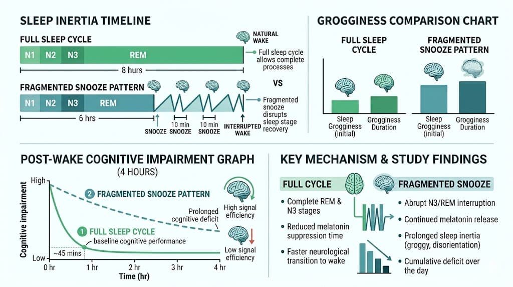 Why Those "9 More Minutes" Are Ruining Your Morning 2 Sleep inertia timeline infographic: full sleep cycle waking at cycle boundary showing 15-minute cognitive impairment vs fragmented snooze pattern showing 4-hour extended grogginess