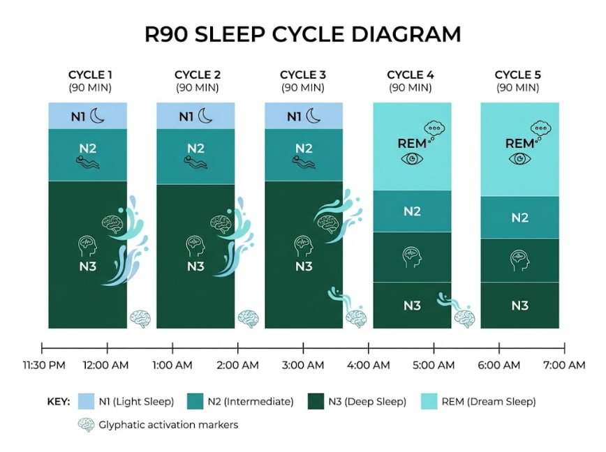 R90 sleep cycle diagram showing N1-N2-N3-REM stages across 5 complete 90-minute cycles from 11:00 PM to 7:00 AM with glymphatic activation markers