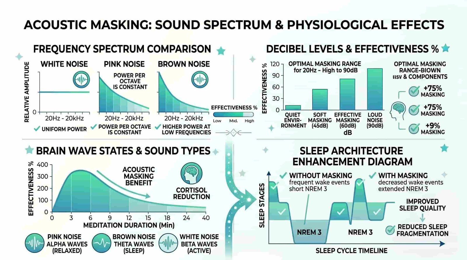 White Noise for Sleep: The Complete Guide to Better Rest 8 Sound frequency spectrum comparison infographic: white noise showing equal energy across all frequencies, pink noise with low-frequency emphasis, brown noise deep frequency output, decibel levels for sleep masking