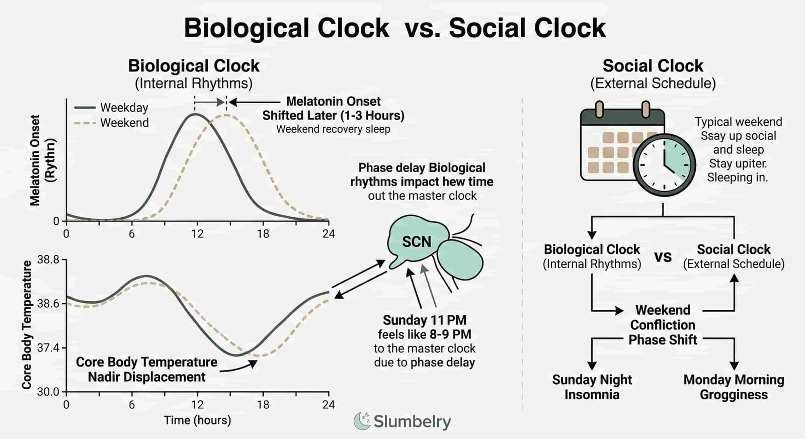 Scientific diagram showing weekend circadian phase shift: annotated comparison of biological clock vs social clock — graph showing melatonin onset shifted later by 1-3 hours after weekend recovery sleep, core body temperature nadir displacement, illustrating how Sunday 11 PM feels like 8-9 PM to the SCN, clean white medical illustration