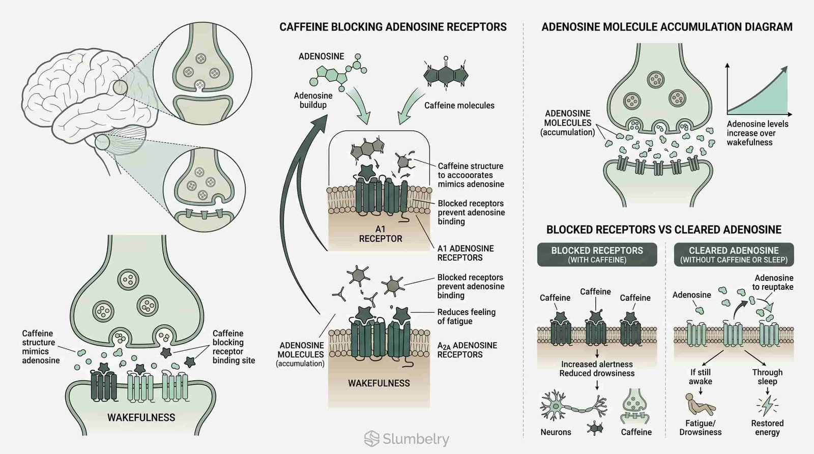 Scientific diagram: caffeine adenosine receptor mechanism — annotated illustration showing caffeine molecule blocking A1 and A2A adenosine receptors in the brain, adenosine molecule accumulation diagram, comparative diagram of blocked receptors vs cleared adenosine, clean white medical illustration style