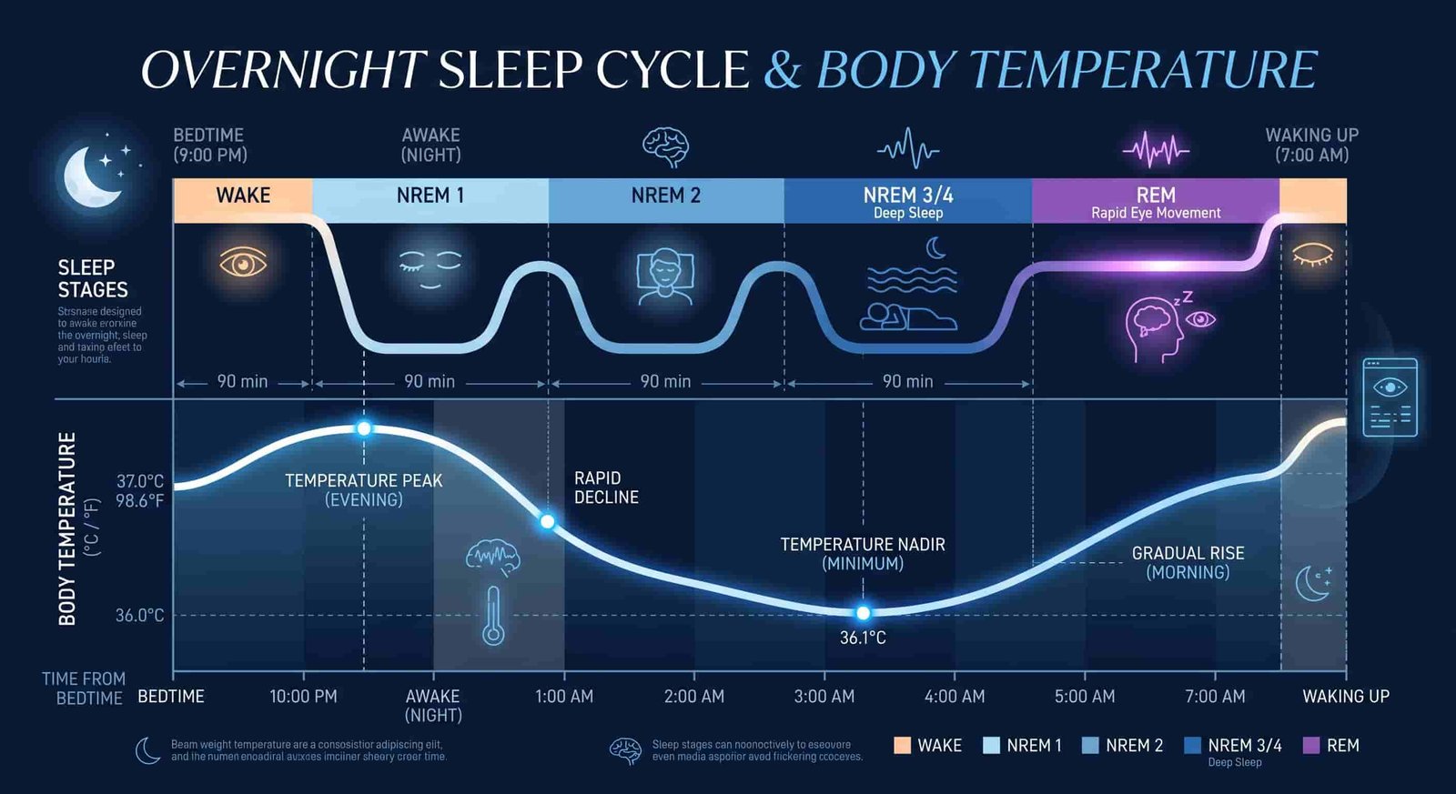 Hacking Your Body Temperature for Sleep 8 Scientific diagram showing body temperature curve and sleep stages overnight