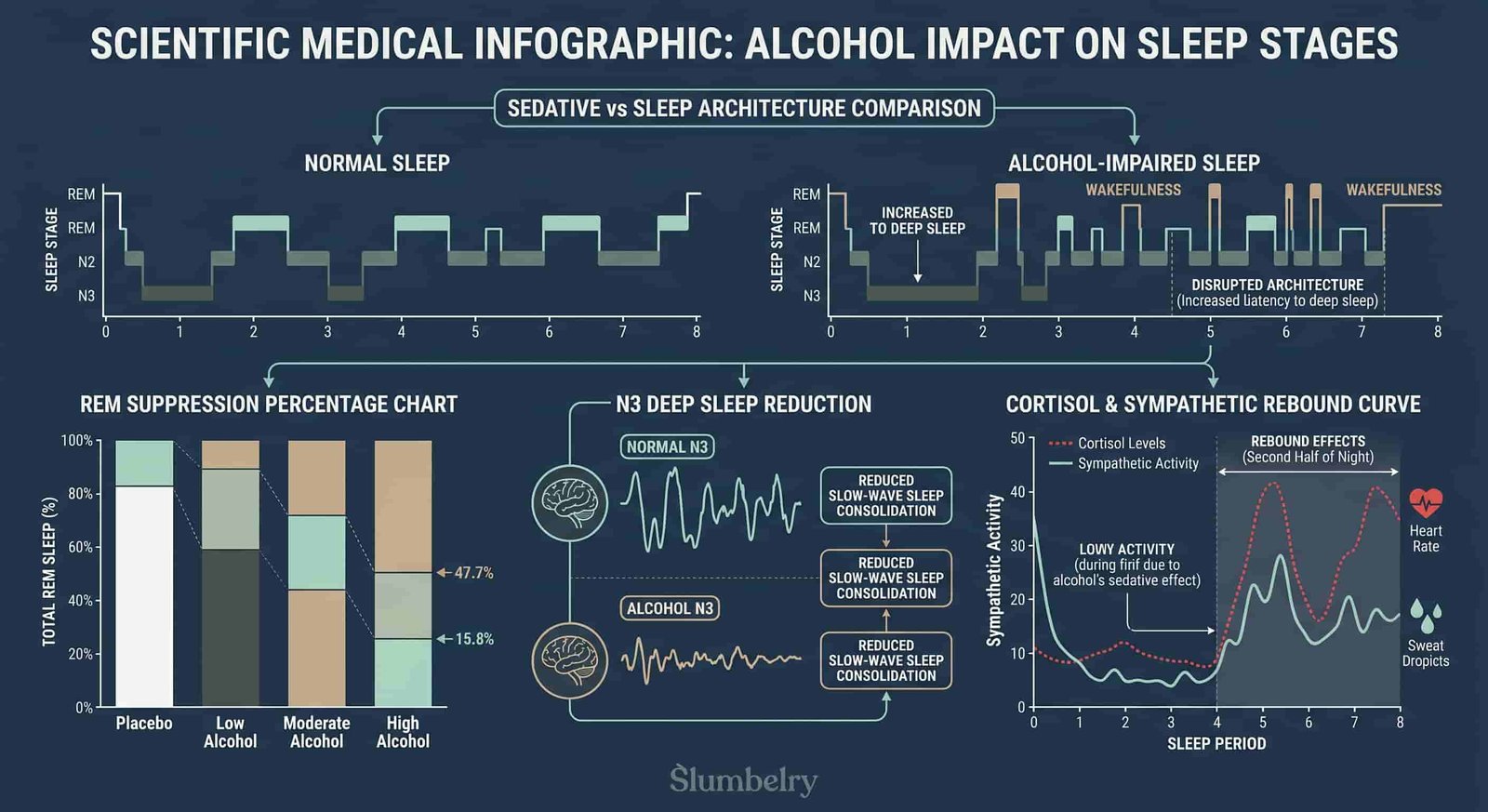 Scientific medical infographic showing alcohol impact on sleep stages: REM suppression percentage chart, N3 deep sleep reduction, cortisol sympathetic rebound curve during second half of night, sedative vs sleep architecture comparison