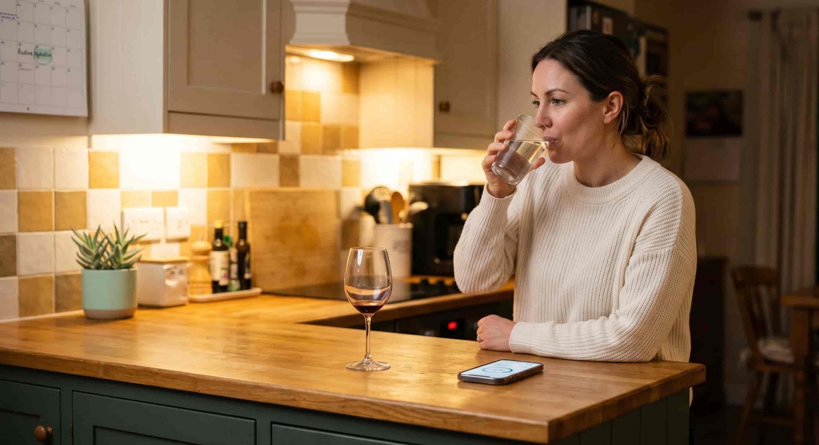 Person relaxing in evening with a glass of wine and water beside bed, early evening timing for last drink, calm wind-down atmosphere, suggesting the 3-hour rule, dark cozy bedroom setting, realistic lifestyle photography