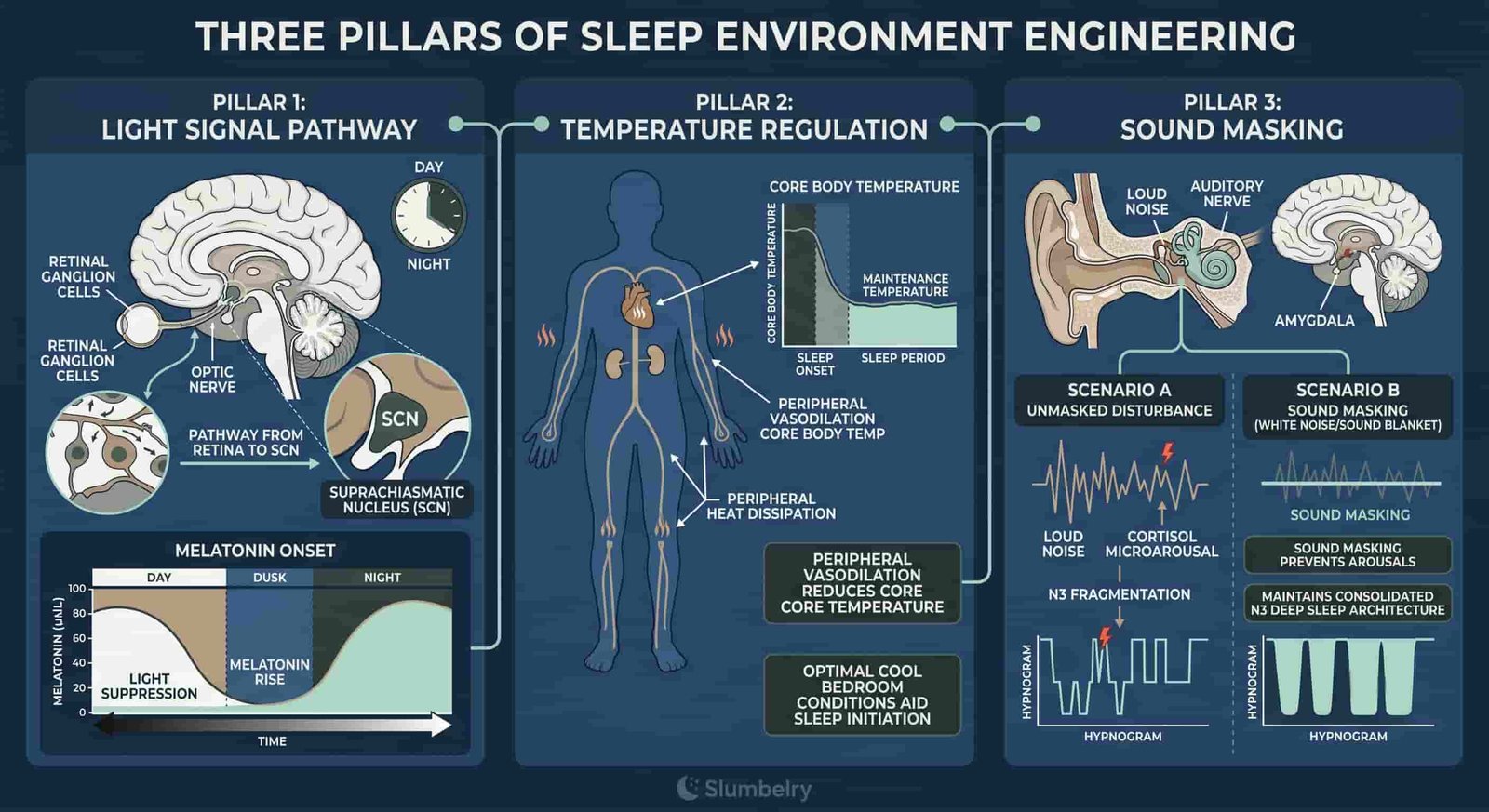 Engineering the Perfect Sleep Environment 2 Scientific infographic showing three pillars of sleep environment engineering: light signal pathway to SCN and melatonin onset, temperature regulation and peripheral vasodilation for sleep onset, sound masking preventing cortisol microarousals and N3 fragmentation