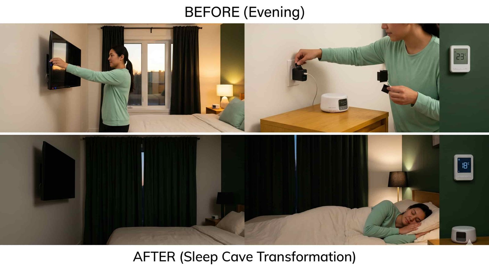 Engineering the Perfect Sleep Environment 3 Person taping over LED lights on TV and charger with blackout tape, heavy blackout curtains fully closed, white noise machine on nightstand, thermostat showing 18C, bedroom being transformed into sleep cave