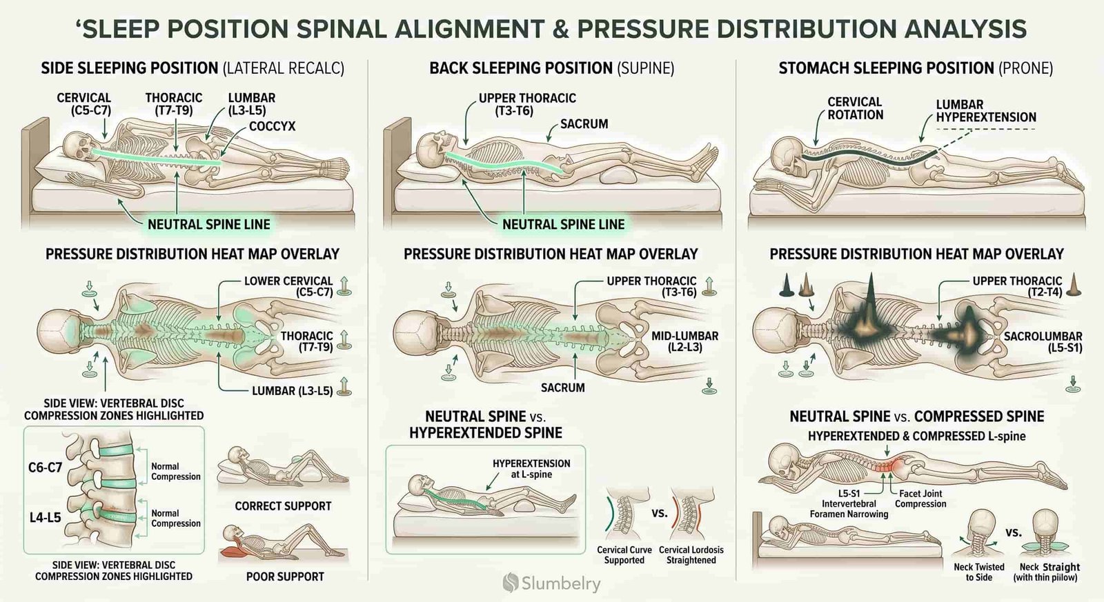Scientific anatomical diagram showing spinal alignment comparison in three sleeping positions: side back stomach with pressure distribution heat map overlay showing cervical thoracic lumbar spine, vertebral disc compression zones highlighted in side view, neutral spine line versus hyperextended and compressed spine comparisons, annotated medical illustration