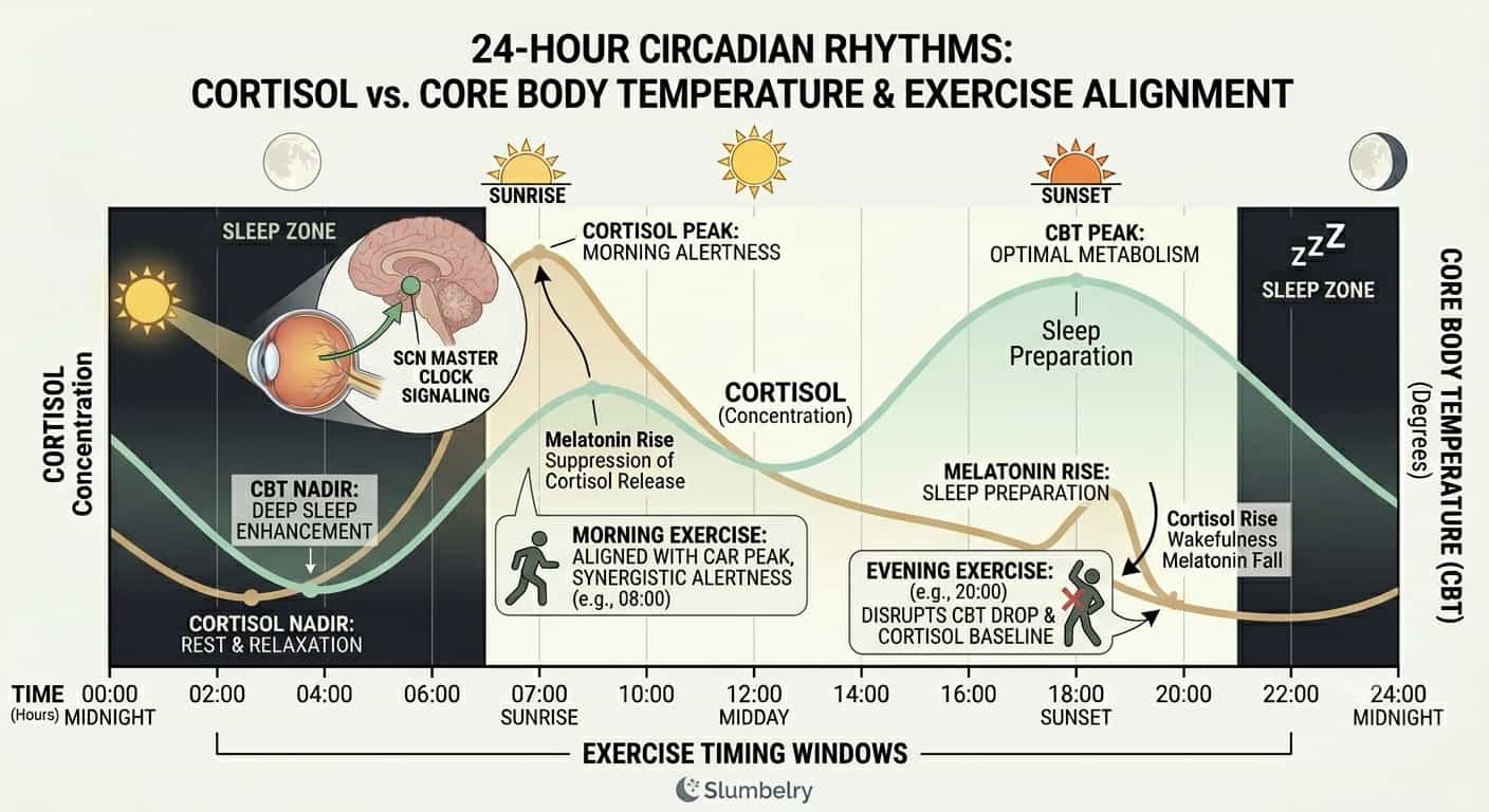 Scientific 24-hour graph showing cortisol circadian rhythm and core body temperature curve: two overlaid sinusoidal waves showing cortisol peak in morning (7-11 AM) and gradual decline, CBT peak in late afternoon and nadir just before sleep, annotated with exercise timing windows showing morning exercise aligned with cortisol peak and evening exercise disrupting evening CBT drop and cortisol baseline, clean white medical illustration style