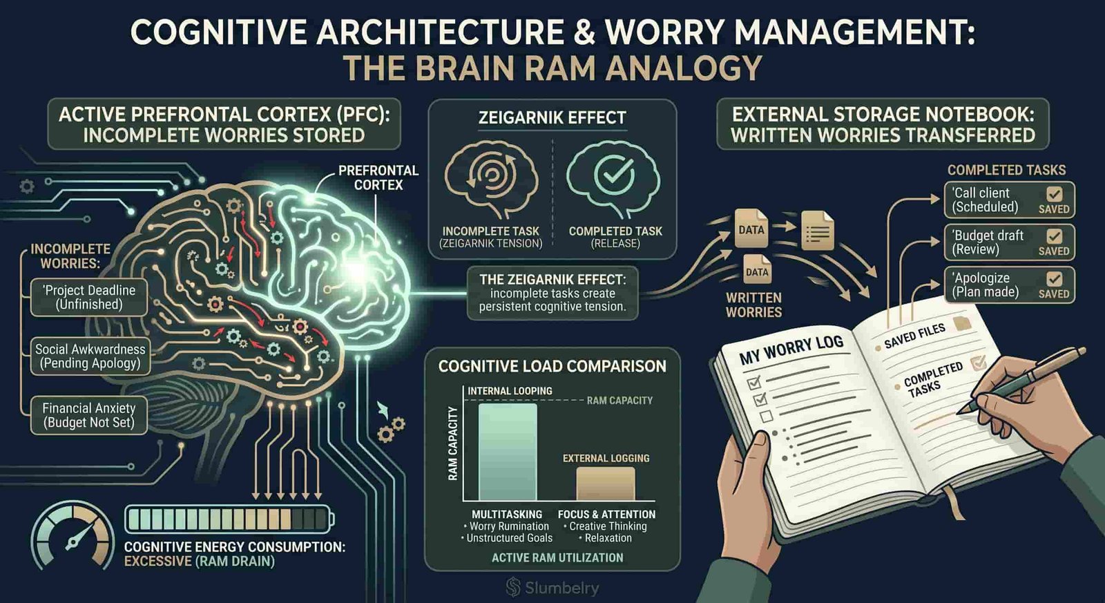 Scientific infographic showing brain RAM analogy: incomplete worries stored in active prefrontal cortex shown as lit-up circuits consuming energy, versus written worries transferred to external storage notebook shown as saved files, annotated Zeigarnik Effect diagram, cognitive load comparison, dark blue medical illustration