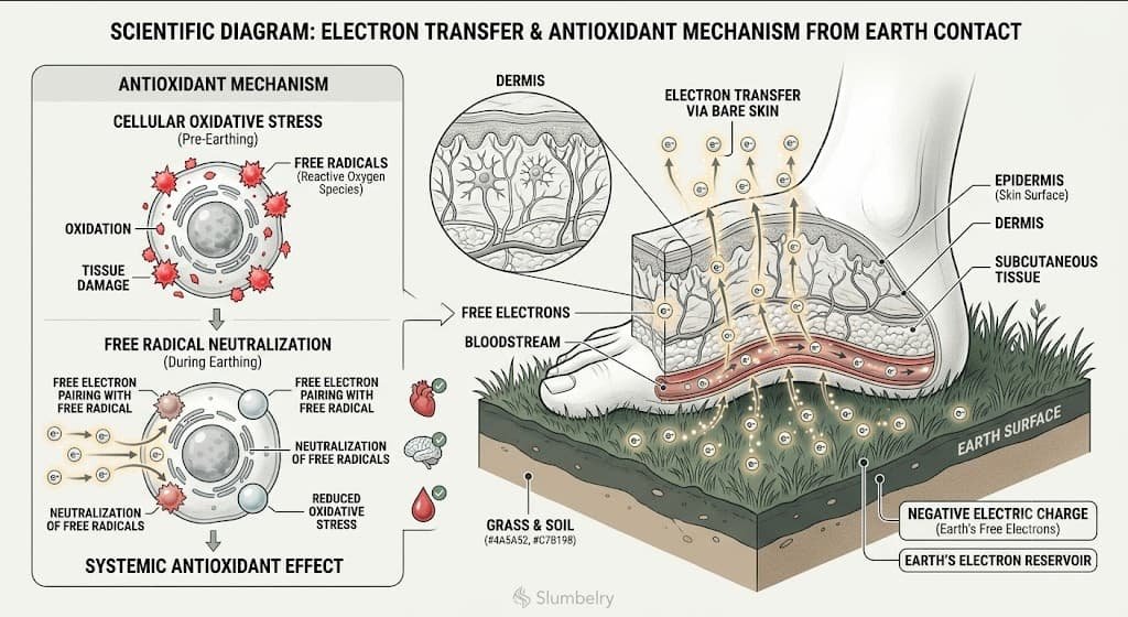 Scientific diagram illustrating electron transfer from earth to human body through bare skin contact: cross-section illustration of foot sole touching grass/earth surface, electrons shown as negative charged particles flowing upward through skin into bloodstream, free radicals being neutralized, annotated with antioxidant mechanism, clean white medical illustration style