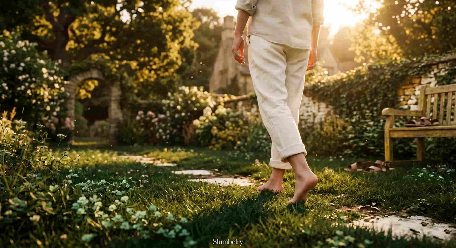 Person walking barefoot on grass in an evening garden, warm golden hour sunlight, peaceful natural setting, relaxed and contemplative mood, bare feet visible on green grass, lifestyle photography