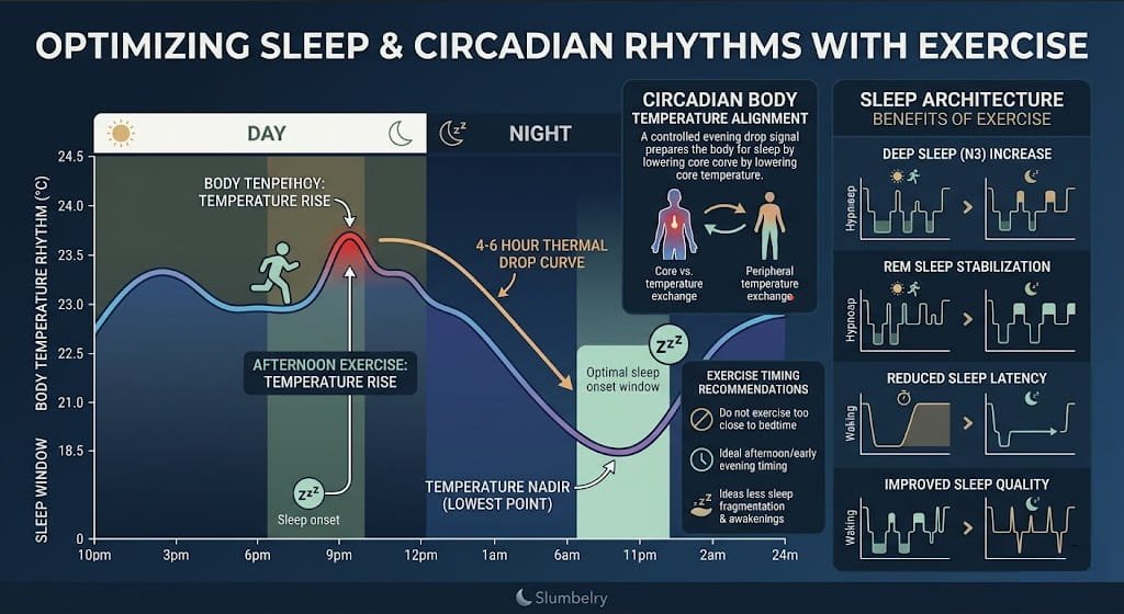 Scientific medical infographic showing circadian body temperature rhythm aligned with sleep window: temperature rise after afternoon exercise, the 4-6 hour thermal drop curve, optimal sleep onset window at the temperature nadir, sleep architecture benefits of exercise