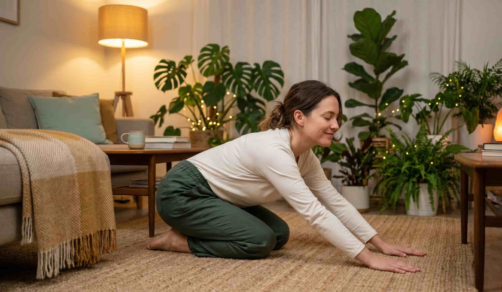 Person doing gentle evening yoga stretching in comfortable living room, soft warm lighting, calm relaxed expression, bedtime routine atmosphere, plant-based natural environment