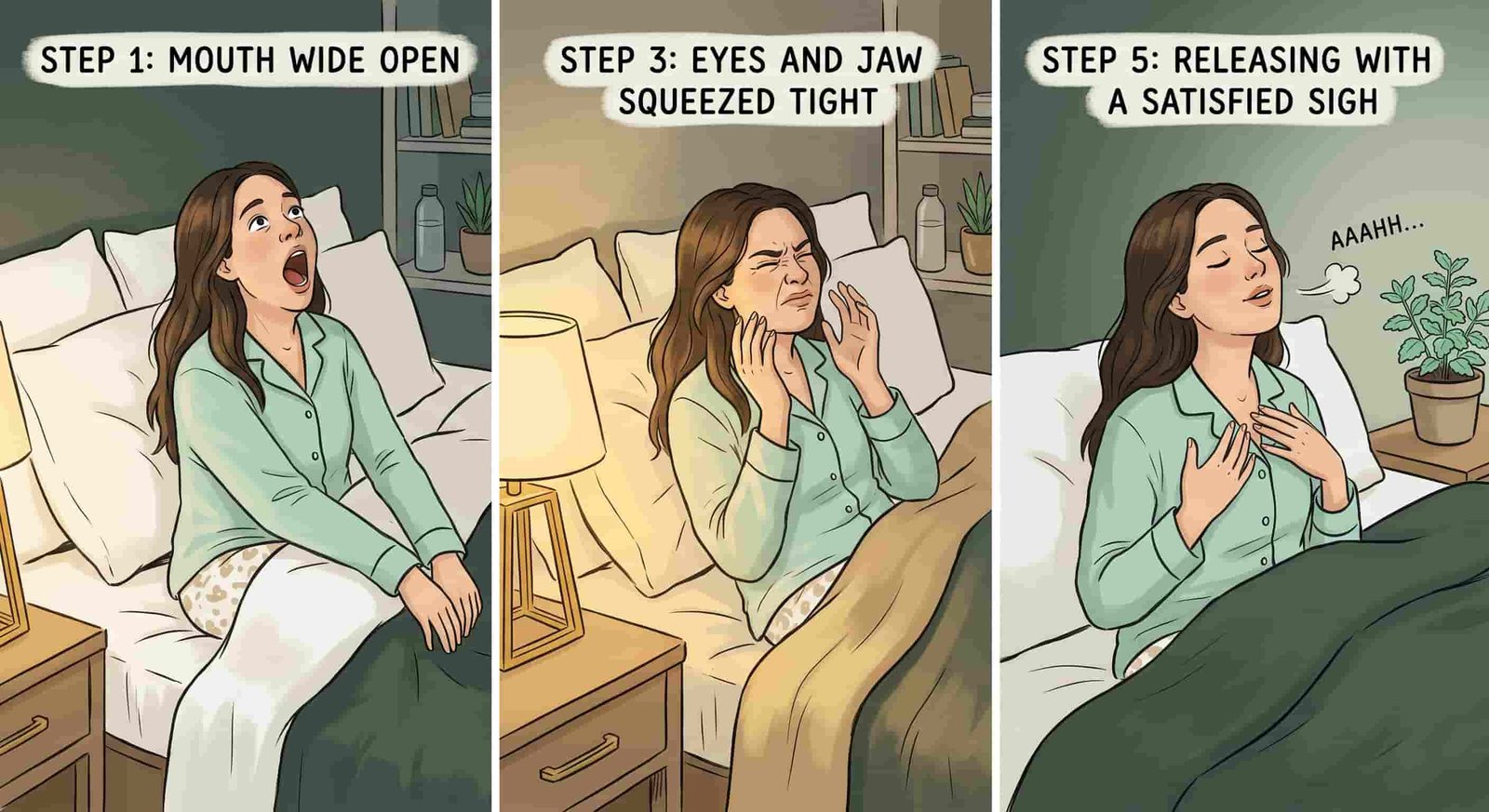 Person practicing yawn cycle in bed: 3-panel sequential illustration showing step 1 mouth wide open, step 3 eyes and jaw squeezed tight, step 5 releasing with a satisfied sigh, cozy nighttime bedroom setting, warm lamp light, relaxed bedtime routine, natural lifestyle