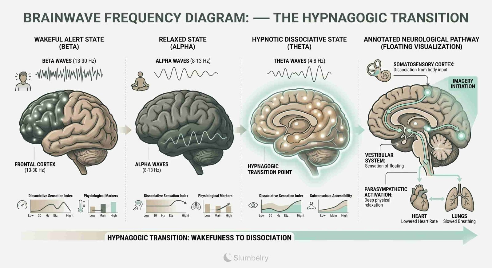 Scientific brainwave frequency diagram showing hypnagogic transition: beta wakeful alert state to alpha relaxed to theta hypnotic dissociative state, with floating visualization pathway annotated from somatosensory cortex through vestibular system to parasympathetic activation, annotated neuroscience diagram