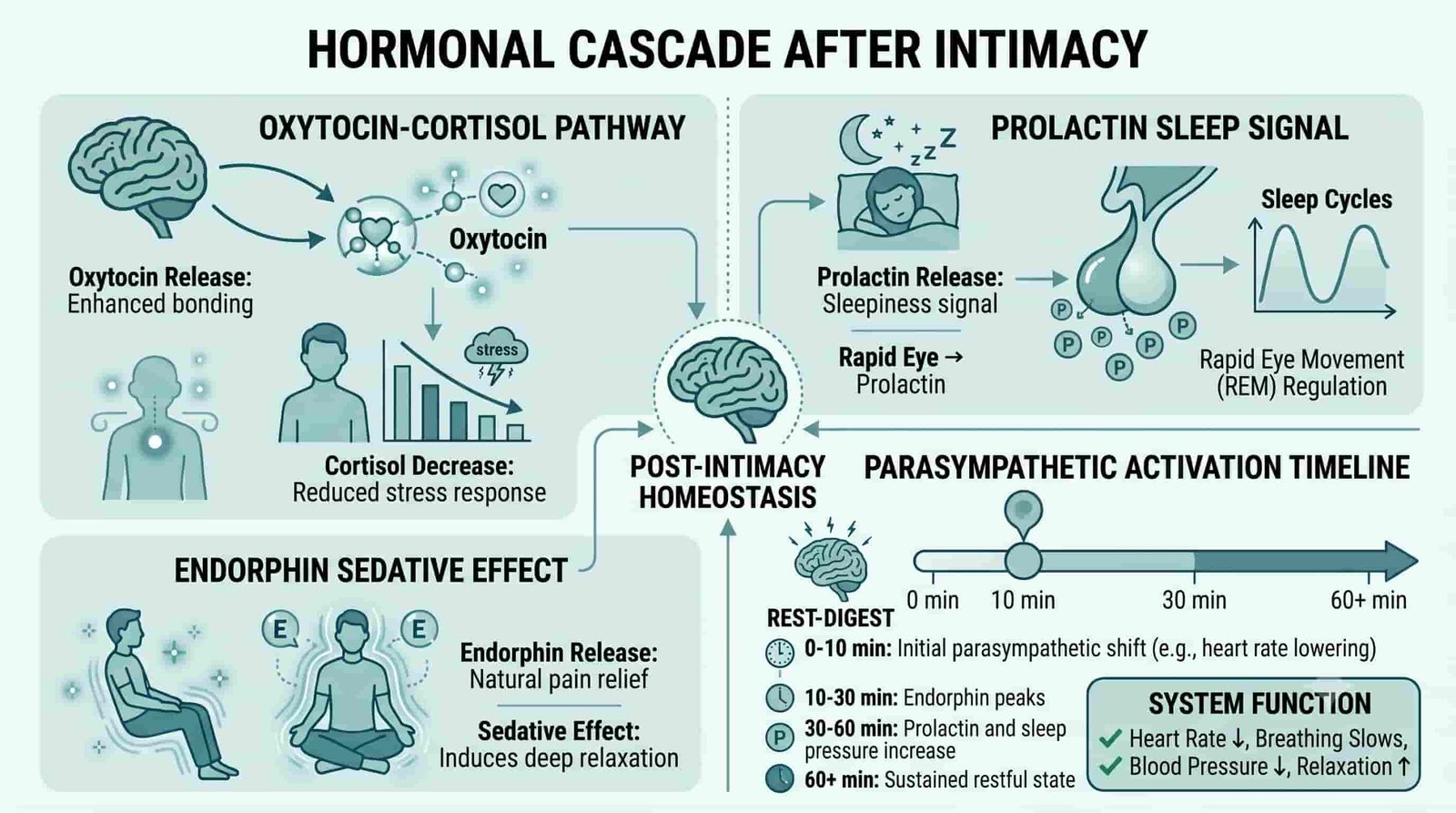 Hormonal cascade after intimacy affecting sleep: oxytocin-cortisol pathway, prolactin sleep signal, endorphin sedative effect, parasympathetic vs sympathetic activation comparison chart