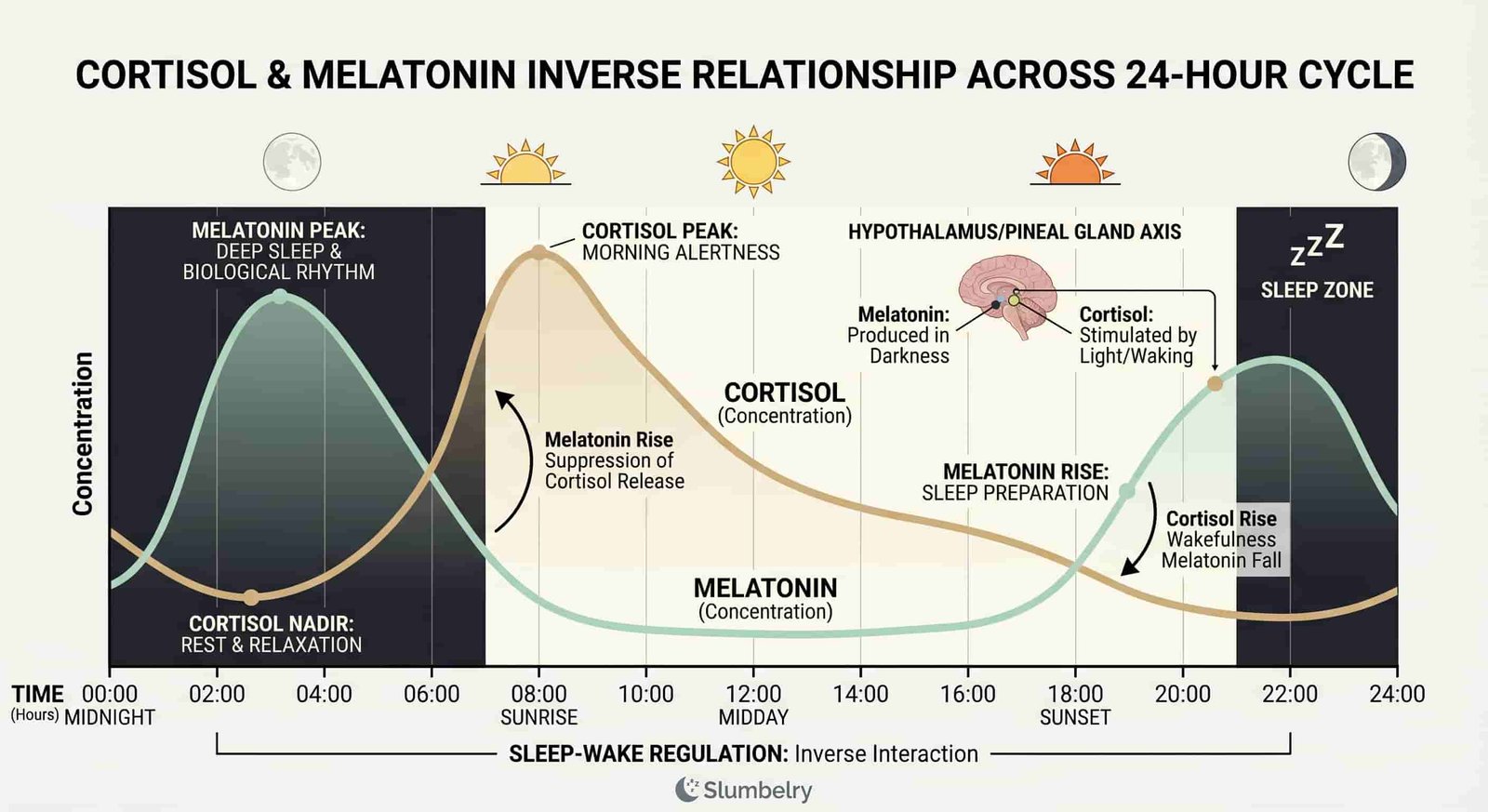 Scientific medical diagram showing cortisol and melatonin inverse relationship across 24-hour cycle: cortisol curve high in morning declining to lowest point at night, melatonin curve rising opposite to cortisol starting in evening, shaded sleep zone showing when melatonin dominates, annotated chart with time axis, dual-line graph comparison