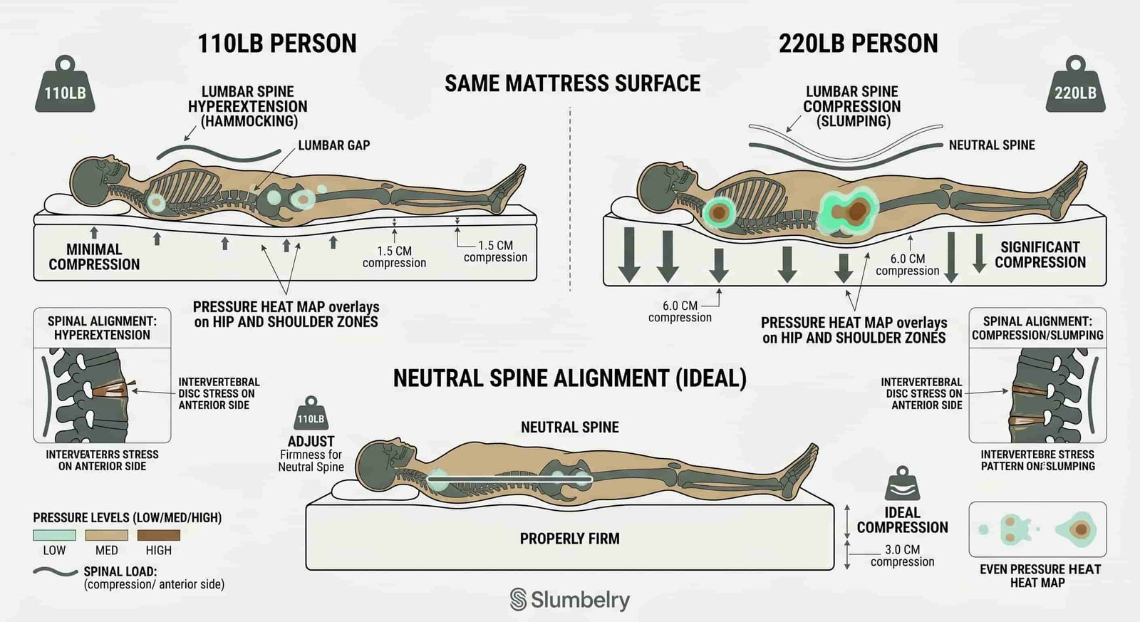 Scientific biomechanics diagram showing body weight spinal load distribution on different mattress firmness levels: 110lb person versus 220lb person sinking into same mattress surface showing different compression depths, pressure heat map overlay on hip and shoulder zones, lumbar spine hyperextension hammocking versus neutral spine comparison, annotated engineering diagram