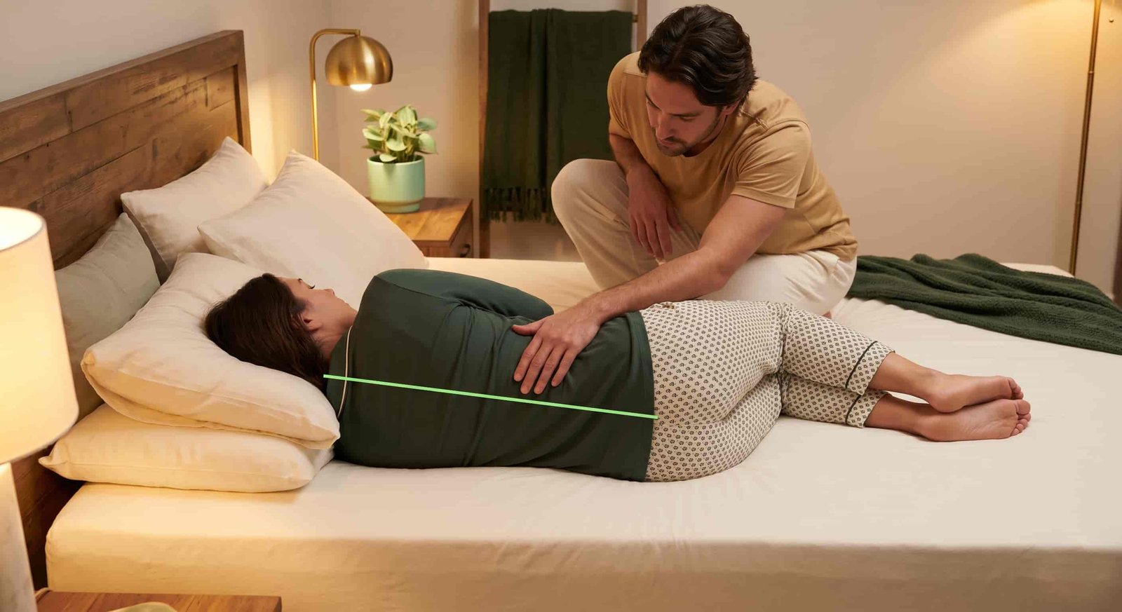 Person lying in fetal side-sleeping position, another person crouching behind looking at the spine from neck to tailbone checking alignment, spine visualized as a straight line from skull to tailbone, bedroom setting with mattress and pillows clearly visible, warm bedroom lighting, realistic lifestyle photography