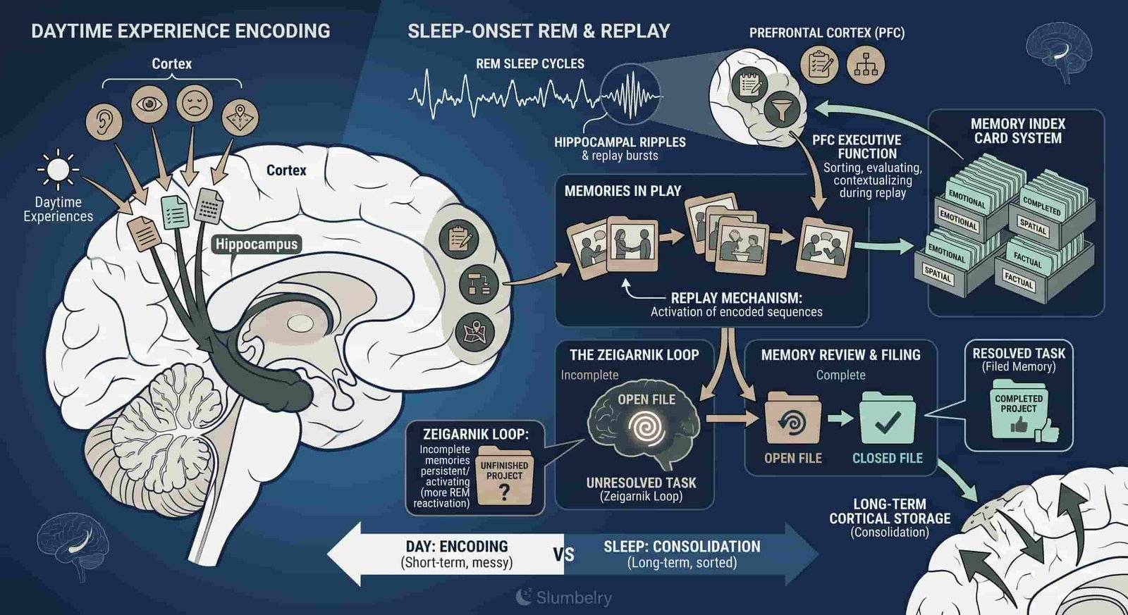 Scientific neuroscience diagram showing hippocampal memory consolidation and replay mechanism: daytime experiences being activated in hippocampus during sleep-onset REM cycles, with open file Zeigarnik loop versus closed file reviewed filed states annotated, memory index card system, prefrontal cortex executive function for memory filing