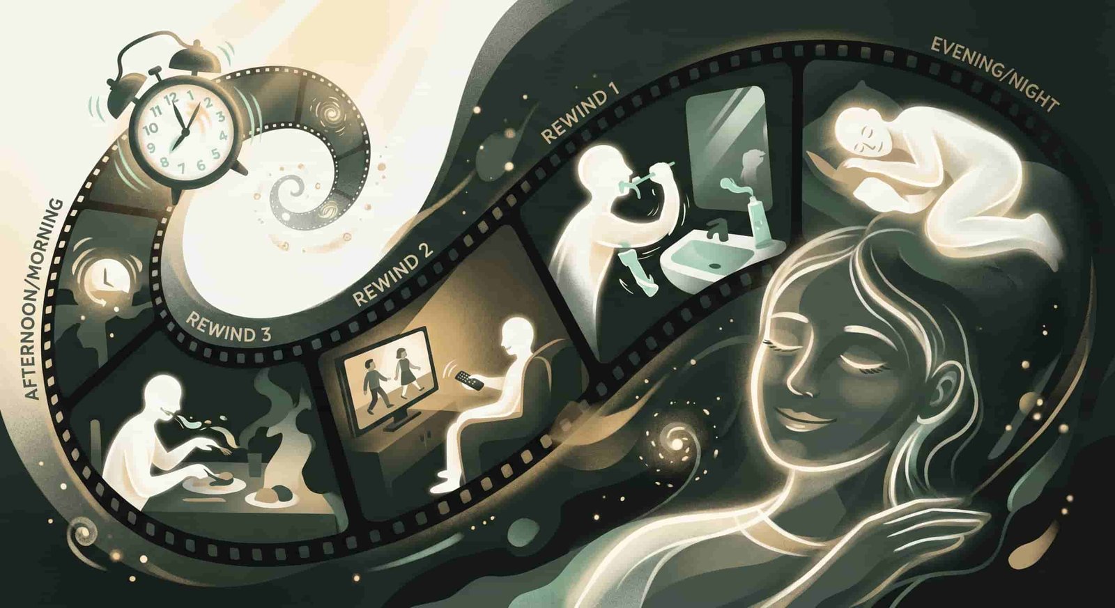 Mental visualization of time reversing from evening to morning: scenes rewinding like film in reverse, person in bed now, then brushing teeth backwards, then watching TV in reverse, then having dinner backwards, all the way to morning alarm going off, warm dark inner vision, person with eyes closed with slight peaceful smile, abstract dreamy aesthetic