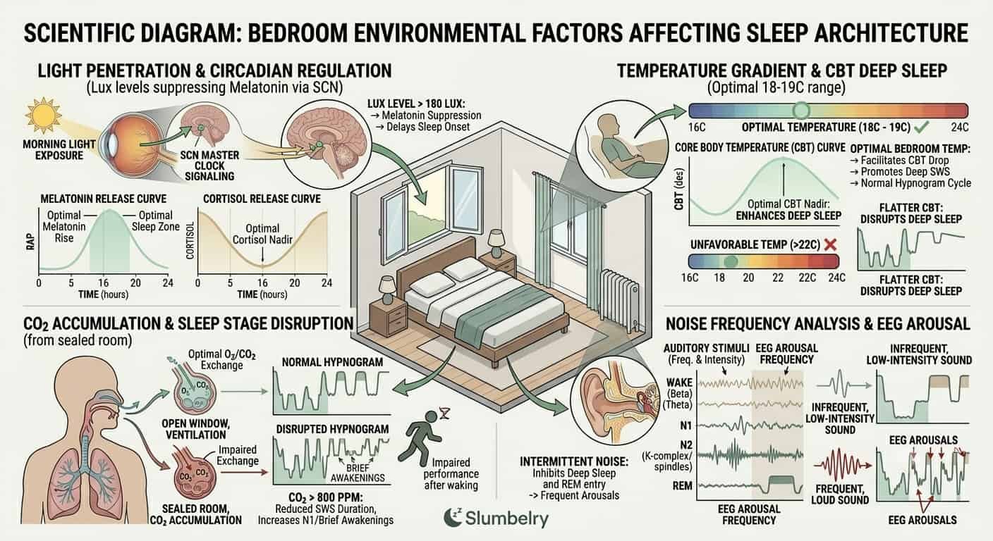 Scientific diagram showing bedroom environmental factors affecting sleep architecture: annotated illustration of a bedroom cross-section with labeled factors — light penetration (lux levels suppressing melatonin via SCN), temperature gradient showing 18-19C optimal range, CO2 accumulation from sealed room, noise frequency analysis, showing how each environmental variable independently affects sleep stages and circadian regulation, clean white medical illustration style