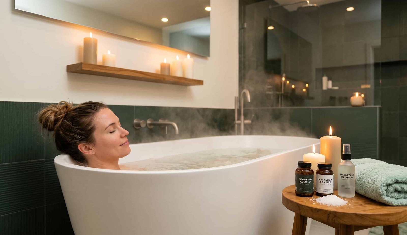 Person relaxing in a warm epsom salt bath in a modern bathroom, soft warm lighting, visible epsom salt in the water with mineral mist rising, magnesium supplement bottles and magnesium oil spray on a small stool beside the bathtub, candles and calm atmosphere, realistic lifestyle photography