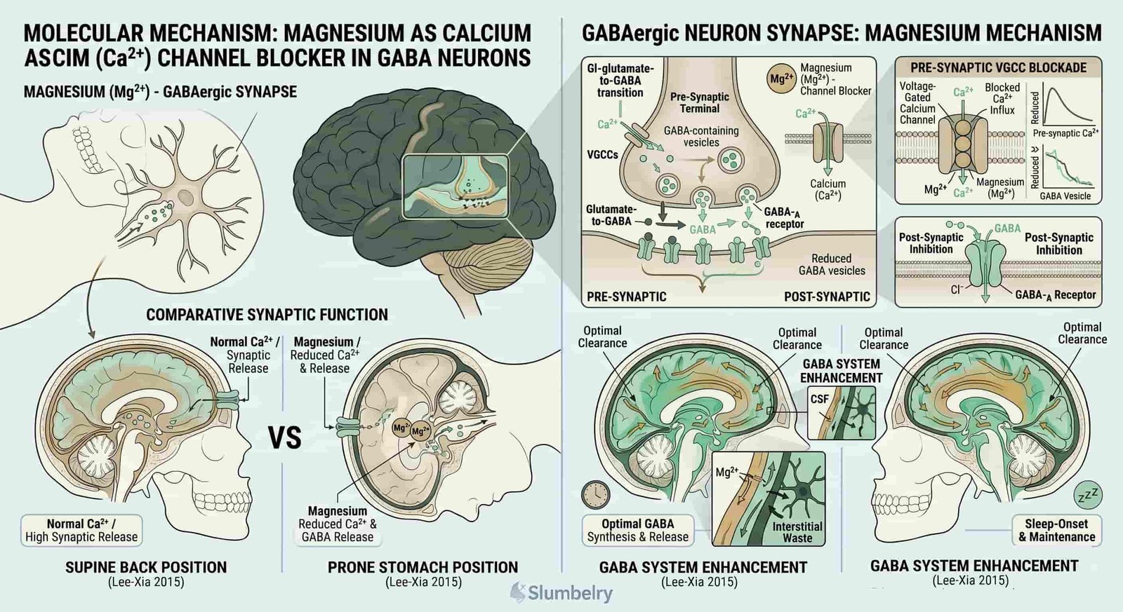 Scientific molecular mechanism diagram showing magnesium as calcium channel blocker in GABA neurons: illustration of neuron synapse with GABA-A receptor highlighted, calcium ions blocked by magnesium ions at voltage-gated calcium channels, glutamate to GABA neurotransmitter transition shown, labeled molecular diagram, clean white medical illustration style