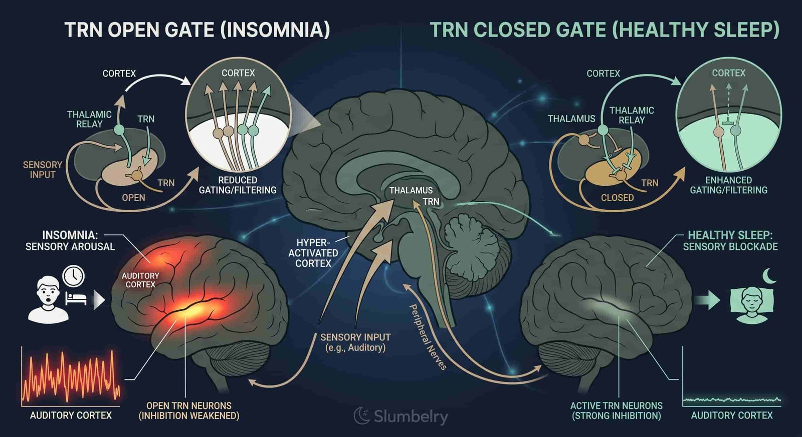 Scientific neuroscience diagram showing thalamic reticular nucleus TRN sensory gating: sensory input entering thalamus, TRN inhibitory neurons wrapping around thalamus acting as gate filter, with open gate and closed gate comparison, auditory cortex activation levels annotated