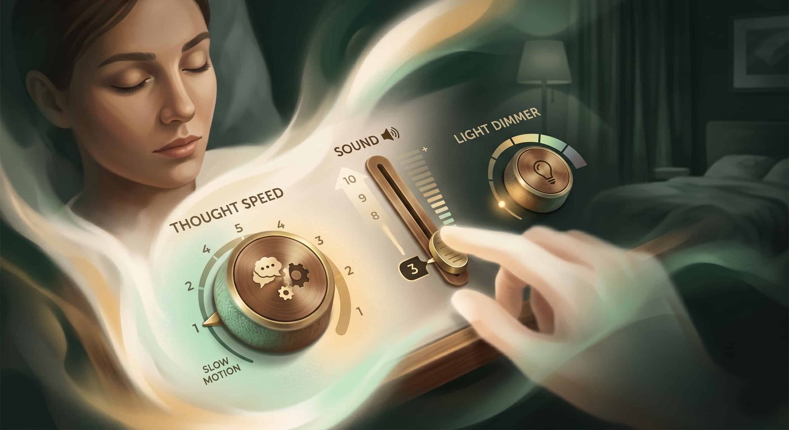 Mental visualization of a control panel with sliders and dials: sound slider being moved from 10 down to 3, light dimmer dial turned low, thought speed dial in slow motion, warm dark inner vision, person with eyes closed looking inward with focused expression, abstract soft dreamy aesthetic
