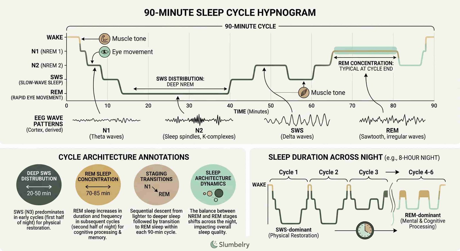 Scientific hypnogram diagram showing a 90-minute sleep cycle: EEG wave patterns across sleep stages N1 N2 SWS REM labeled, showing distribution of deep slow-wave sleep in first half of night and REM sleep concentrated in second half, annotated cycle architecture, clean white medical illustration style