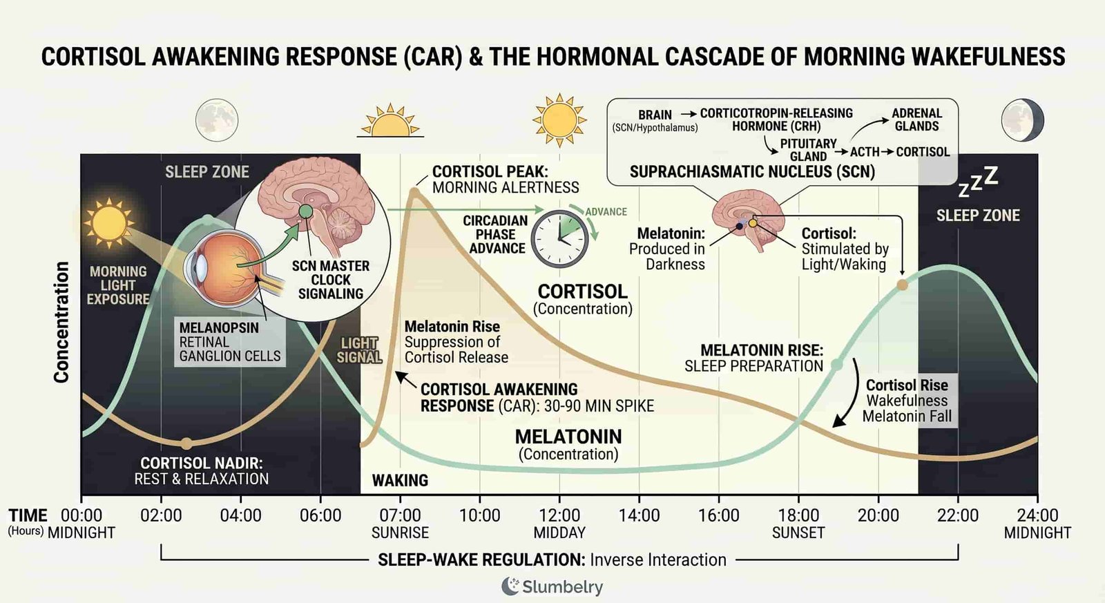 Scientific diagram showing the cortisol awakening response curve: cortisol level spike in the 30-90 minutes after waking, annotated with suprachiasmatic nucleus SCN master clock signaling, melanopsin retinal ganglion cell light detection, and circadian phase advance from morning light exposure, showing the complete hormonal cascade of morning wakefulness, clean white medical illustration style