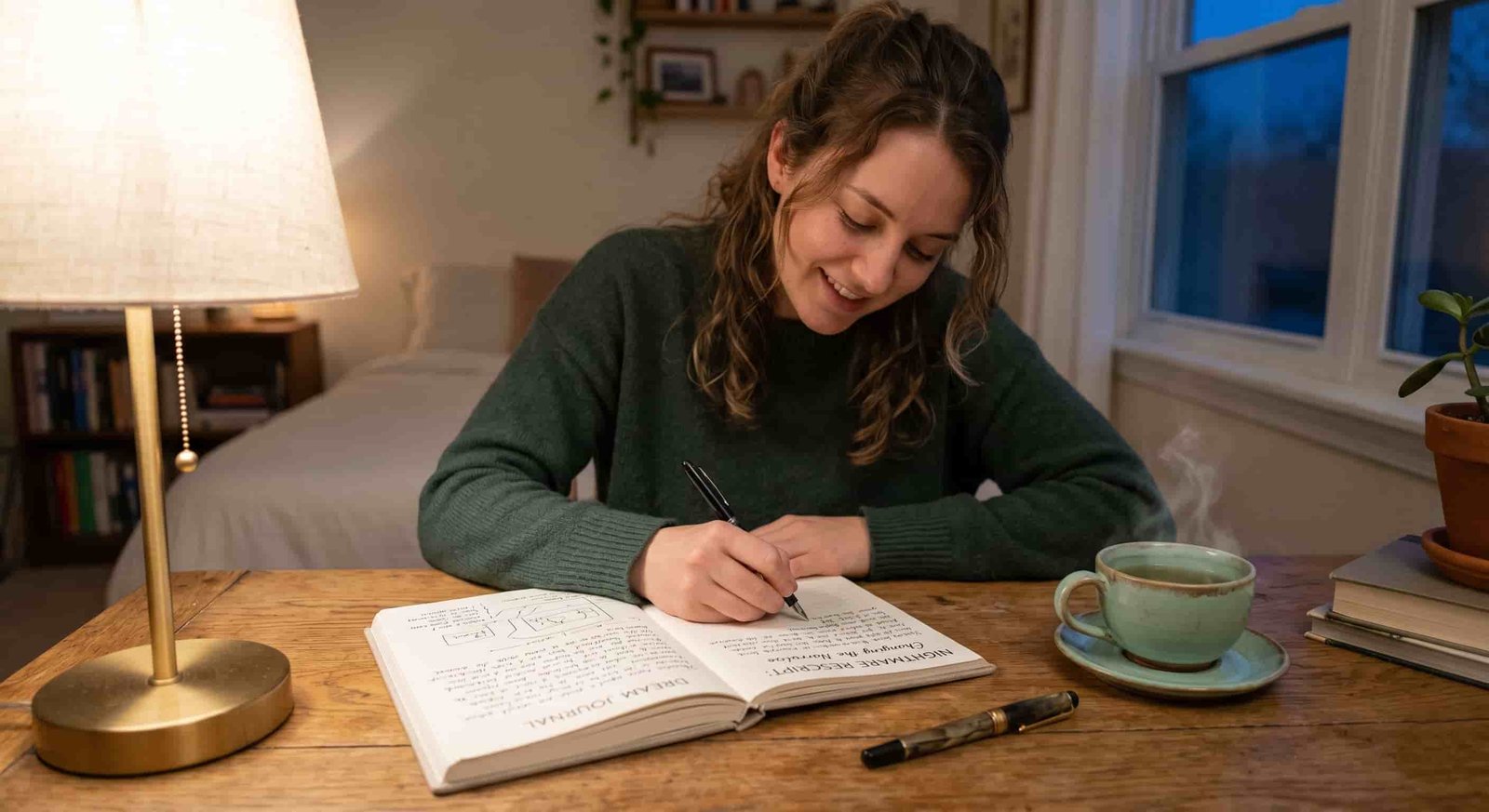 Person writing in a dream journal at a peaceful desk in evening light, nightmare rescript page open, warm cup of tea beside it, soft lamp