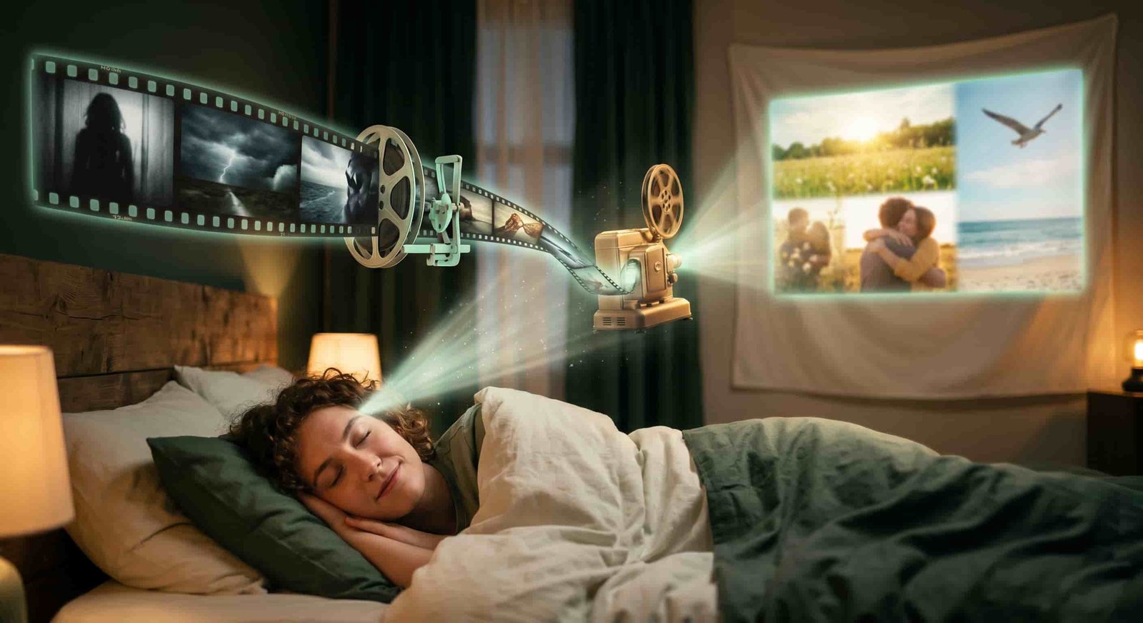 Person sleeping peacefully while brain shows dream imagery with film projector metaphor, nightmare film reel transforming into positive ending reel, soft warm tones, cinematic photography