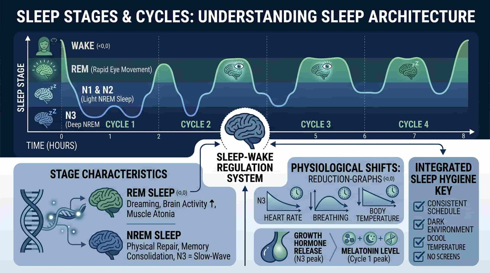 Scientific diagram showing sleep architecture and cycle stages