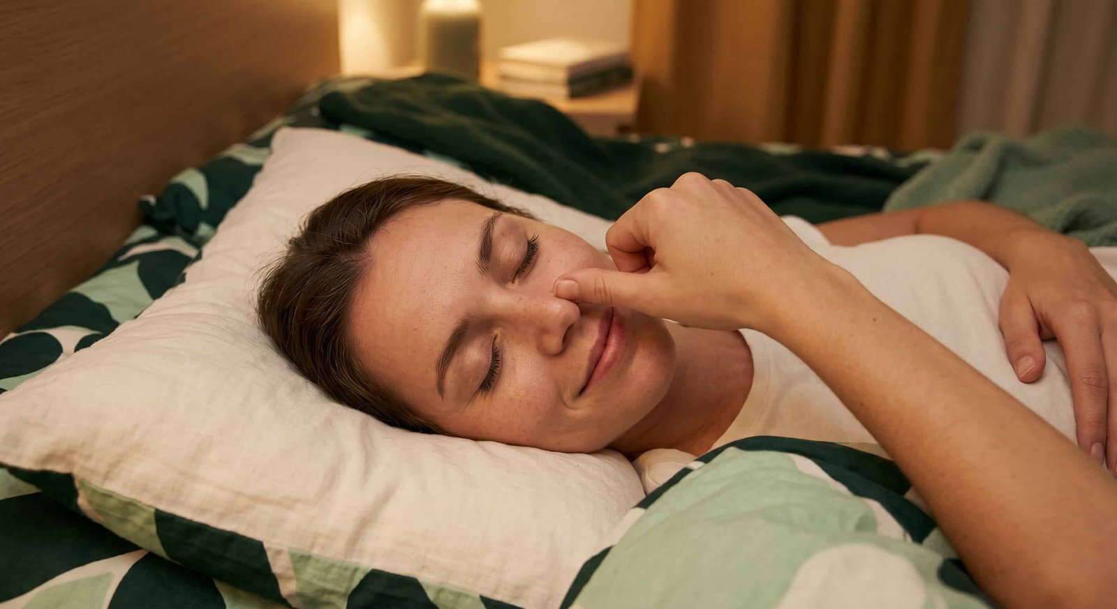 Close-up of person lying on right side in bed, right thumb gently closing right nostril, left nostril open for breathing, soft focused expression, hand position clearly visible, peaceful bedroom night setting with warm soft lighting, serene sleep-ready atmosphere, realistic lifestyle photography
