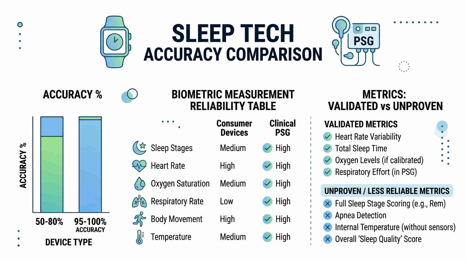 revolutionary devices and apps transforming sleep quality 2 Consumer sleep tech accuracy comparison: actigraphy vs polysomnography PSG, biometric measurement reliability table, clinically validated vs unproven sleep technology features chart